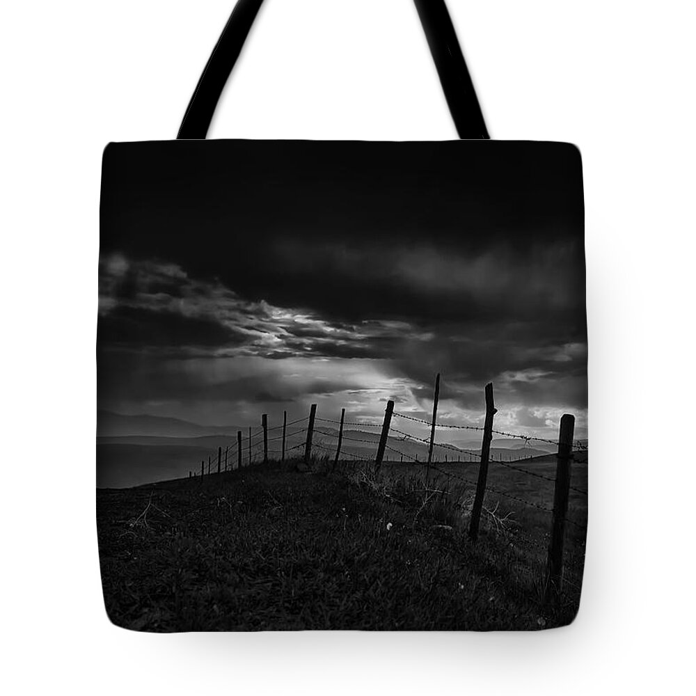 Black And White Tote Bag featuring the photograph Fence Line by Theresa Tahara