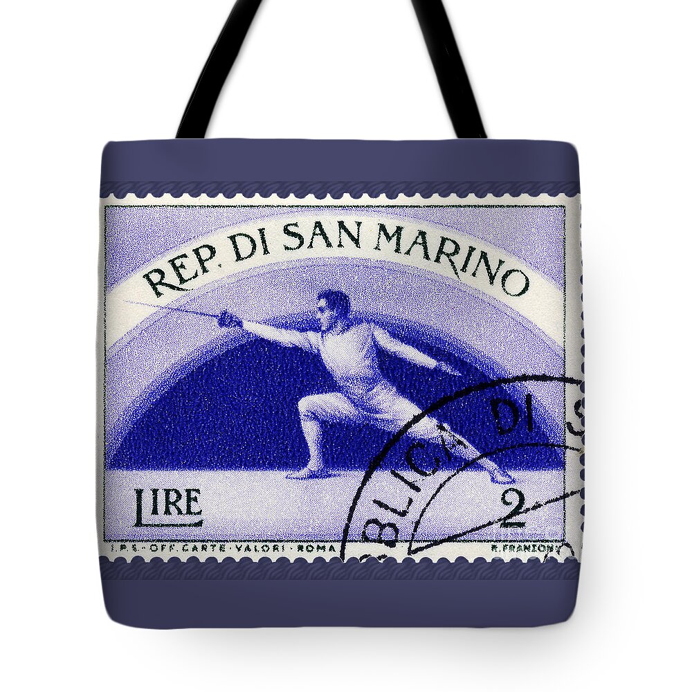 Fencing Tote Bag featuring the photograph Fencing on San Marino Stamp by Phil Cardamone