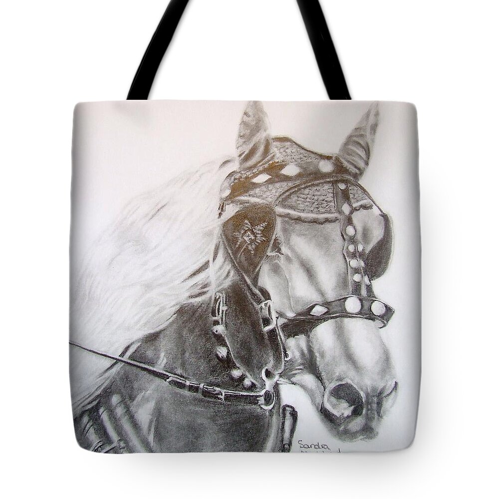 Sandra Muirhead Artist Animal Portraits Pencil Art Horses Tote Bag featuring the drawing Fer A Cheval by Sandra Muirhead