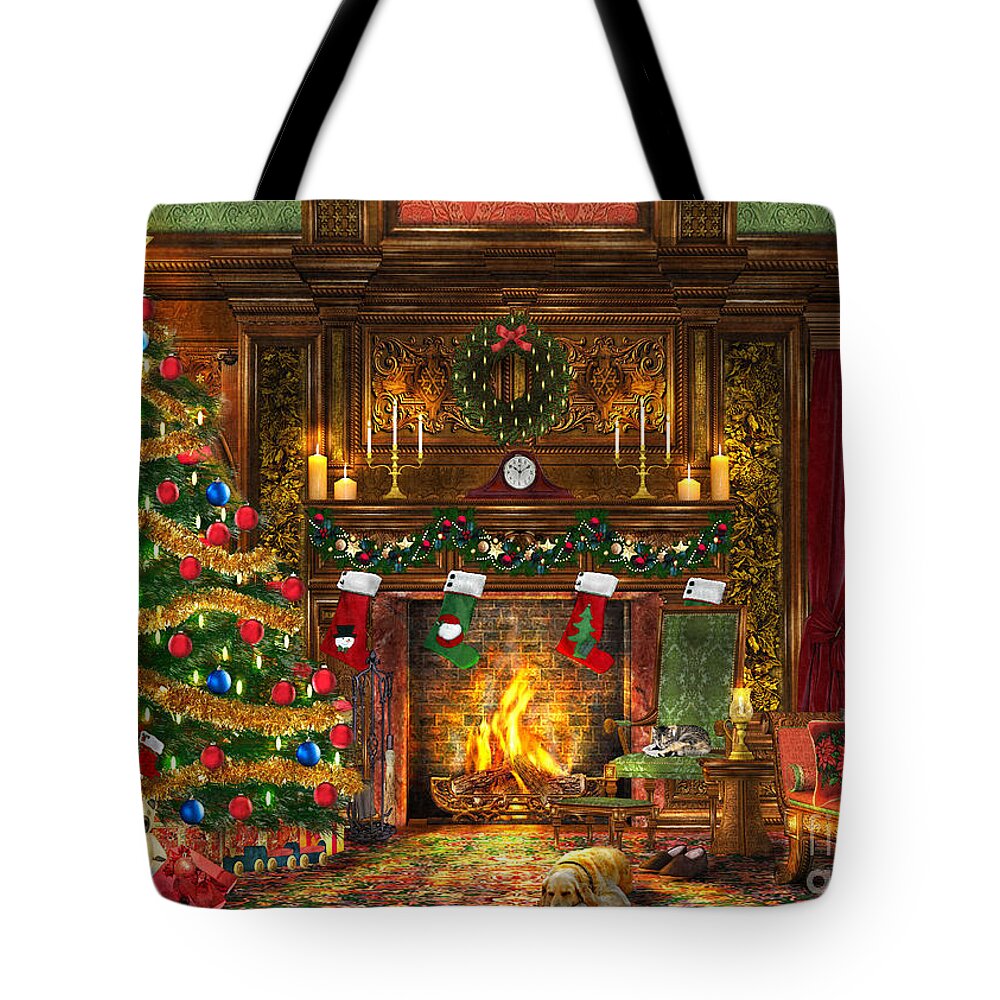 Dominic Davison Tote Bag featuring the digital art Festive Fireplace by MGL Meiklejohn Graphics Licensing