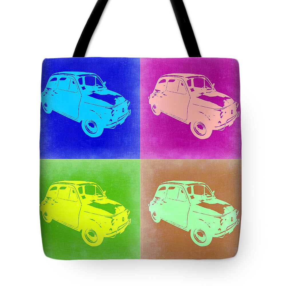 Fiat Tote Bag featuring the painting Fiat 500 Pop Art 2 by Naxart Studio