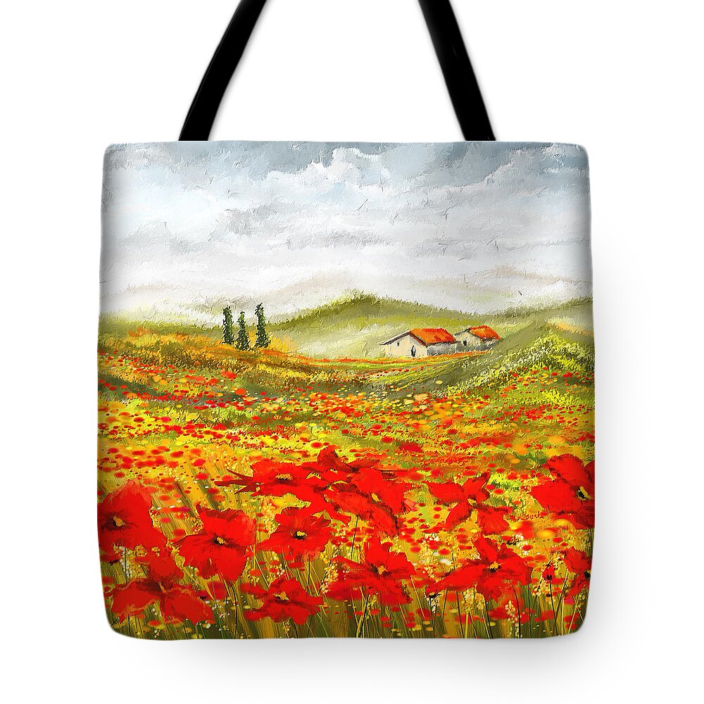 Poppies Tote Bag featuring the painting Field Of Dreams - Poppy Field Paintings by Lourry Legarde