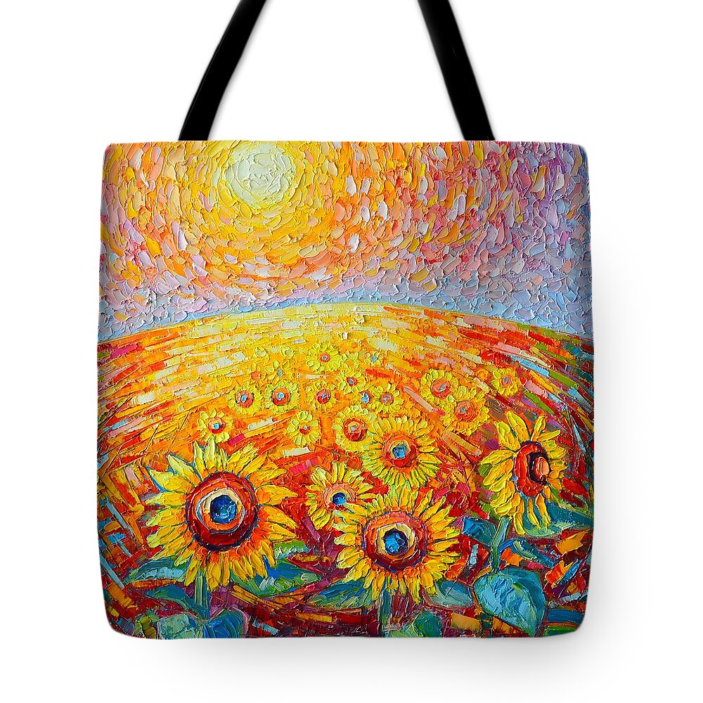 Sunflower Tote Bag featuring the painting Fields Of Gold - Abstract Landscape With Sunflowers In Sunrise by Ana Maria Edulescu