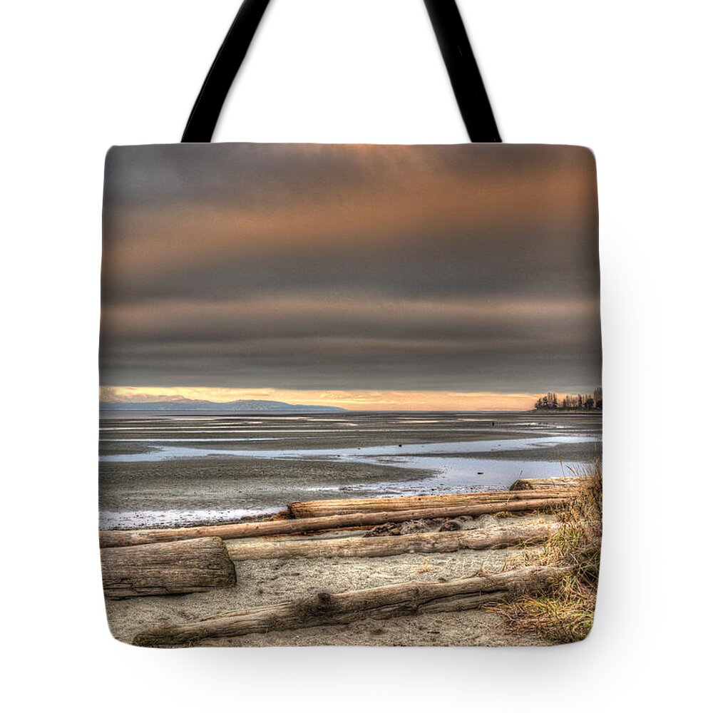Landscape Tote Bag featuring the photograph Fiery Sky Over The Salish Sea by Randy Hall