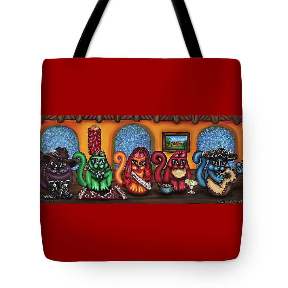 Folk Art Tote Bag featuring the painting Fiesta Cats or Gatos de Santa Fe by Victoria De Almeida