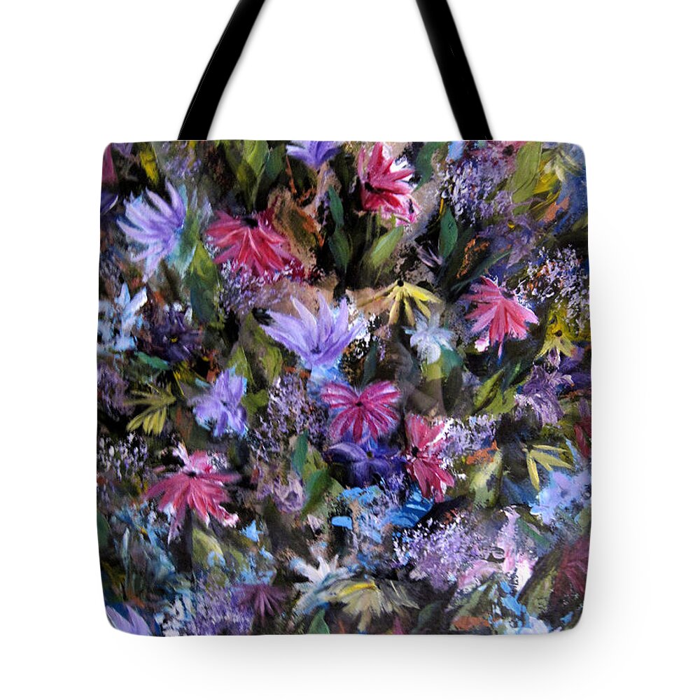 Floral Tote Bag featuring the painting Fighting for Space lll Flowerpatch Series by Roberta Rotunda