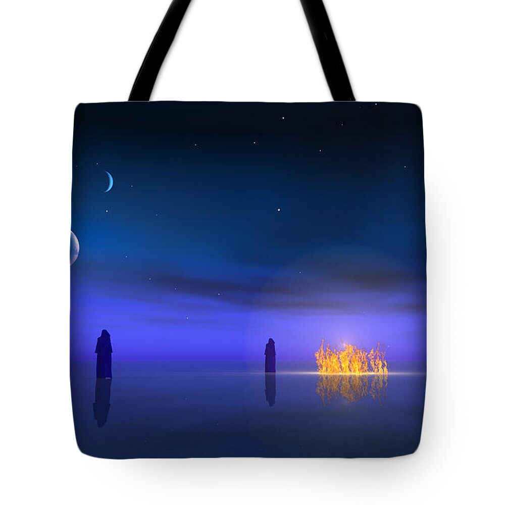 Fire Tote Bag featuring the digital art Figures approach fire in the night on other world by Bruce Rolff