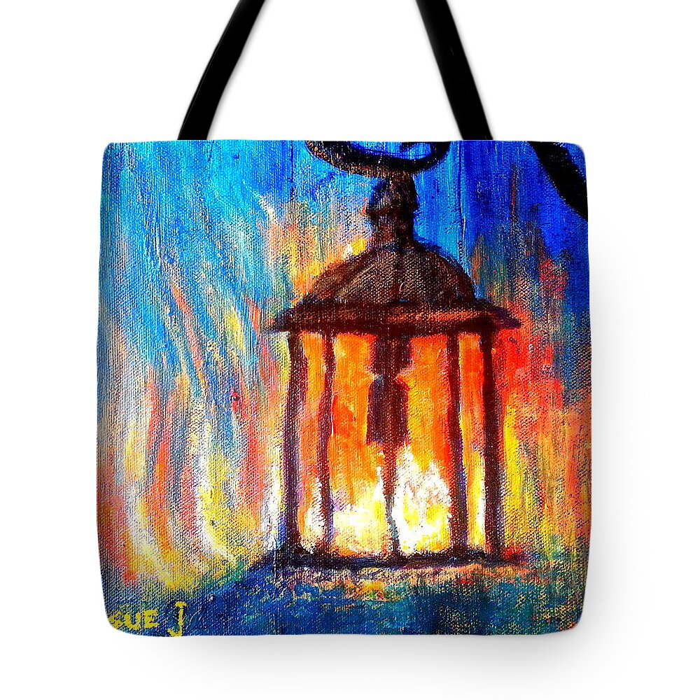 Colorful Whimsical Quirky Decorative Colourful Bright Vibrant Painting Pretty Unique Style Bold Brush Strokes Heart-warming Cute Child's-room Childs Child's Room Vivid Drawing Sketch Loose Distinctive Funny Fun Cheerful Brighten Pink Blue Green Purple Lamp Light Incandescent Wrought Iron Light Shadows Living-room Bedroom Summer Faa Sojisch Abstract Tote Bag featuring the painting Fire and ice by Sue Jacobi
