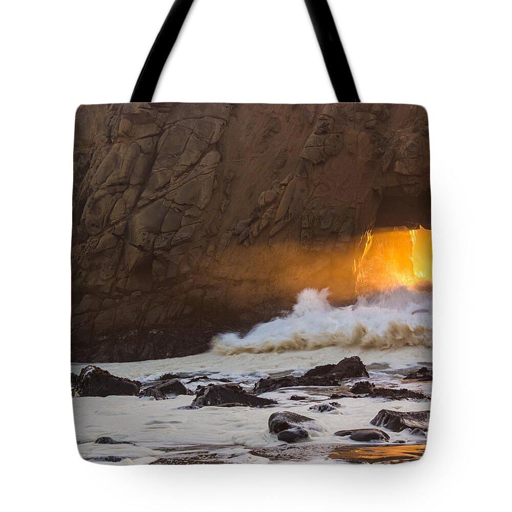 Pfeiffer Beach Tote Bag featuring the photograph Fire In The Hole by Suzanne Luft