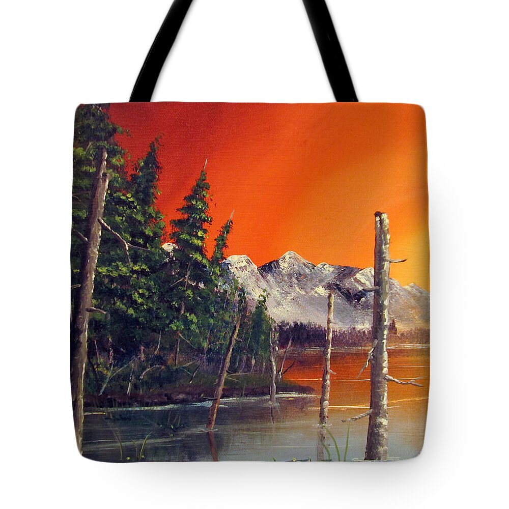 Landscape Tote Bag featuring the painting Fire Lake by Wayne Enslow
