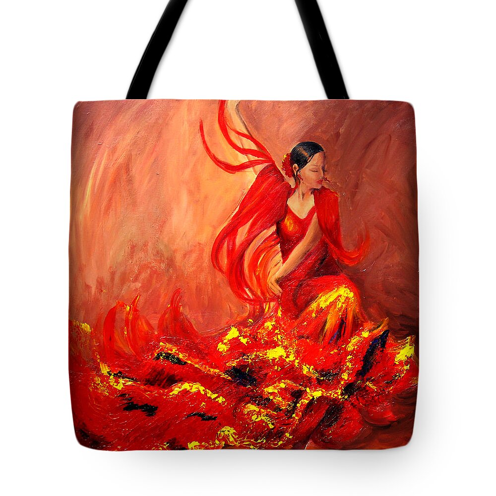 Flamenco Dancer Tote Bag featuring the painting Fire of Life Flamenco by Sheri Chakamian