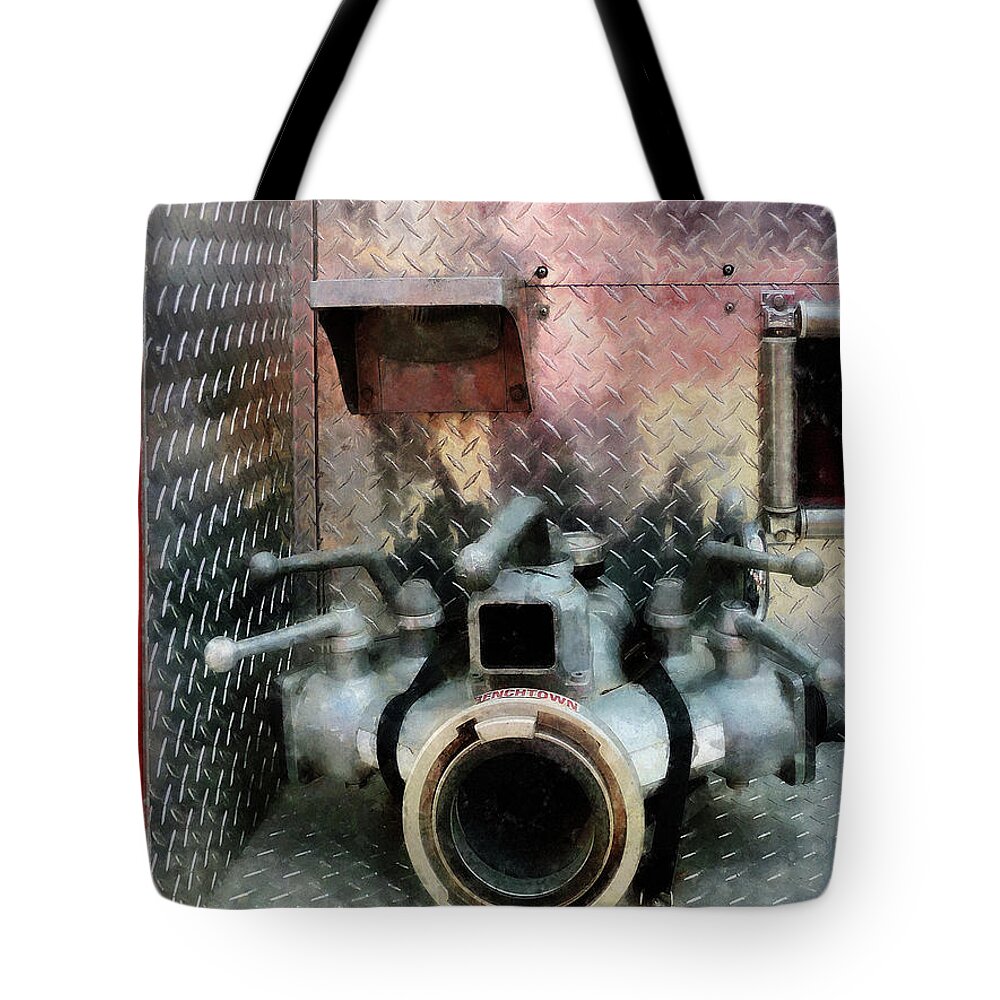 Nozzle Tote Bag featuring the photograph Fireman - Large Fire Hose Nozzle by Susan Savad