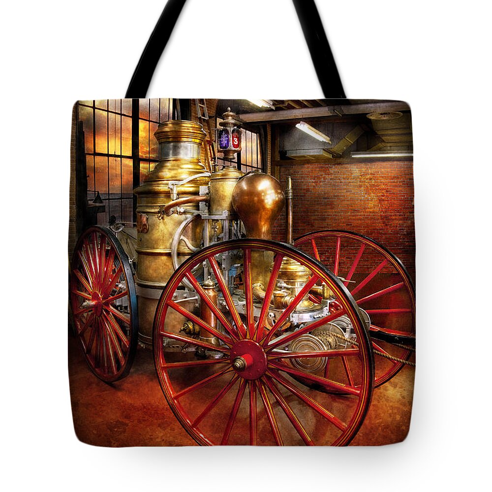 Suburbanscenes Tote Bag featuring the photograph Fireman - One day a long time ago by Mike Savad