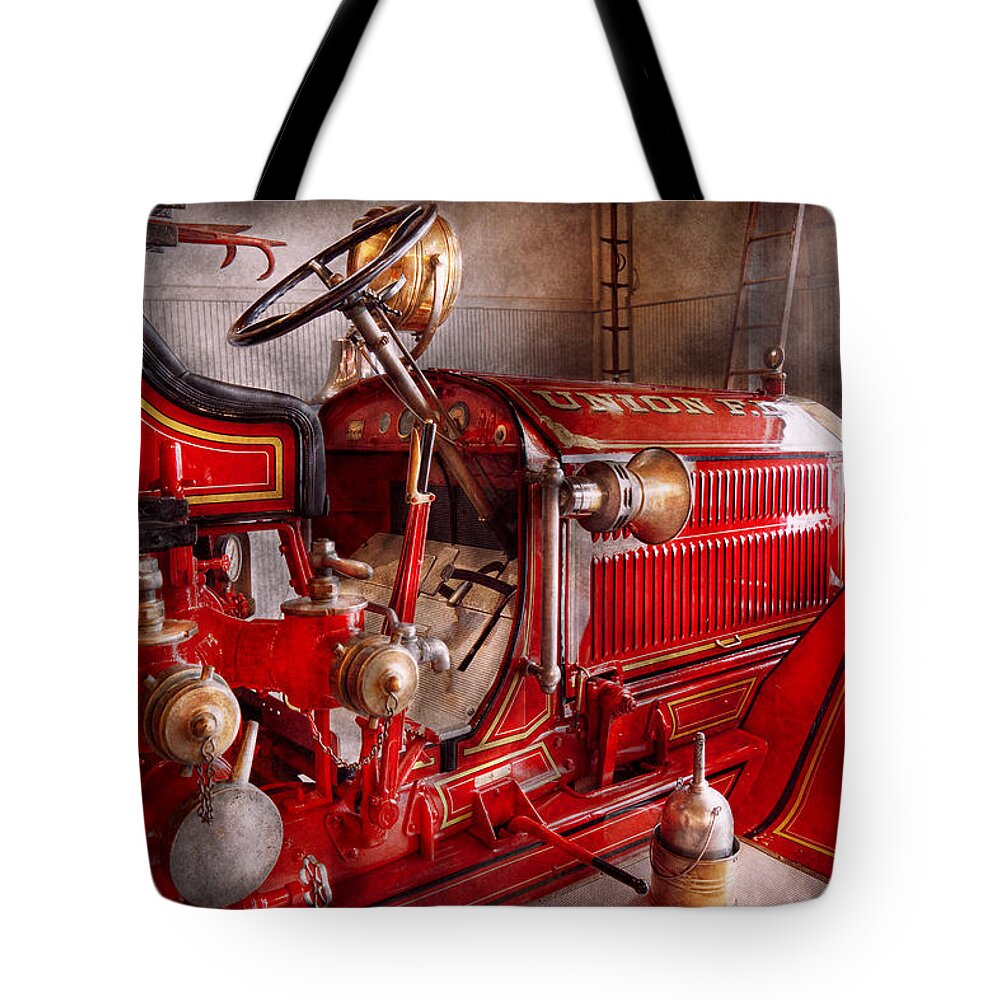 Fireman Tote Bag featuring the Fireman - Truck - Waiting for a call by Mike Savad