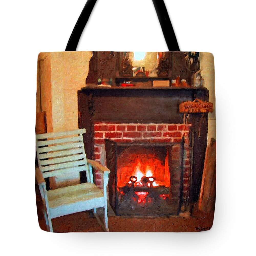Hearth Tote Bag featuring the photograph The Family Hearth - Fireplace Old Rocking Chair by Rebecca Korpita