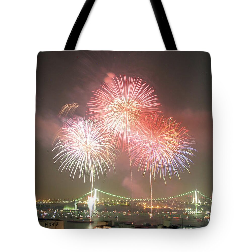 Firework Display Tote Bag featuring the photograph Fireworks In Tokyo Bay, Tokyo, Japan by Keiko Iwabuchi