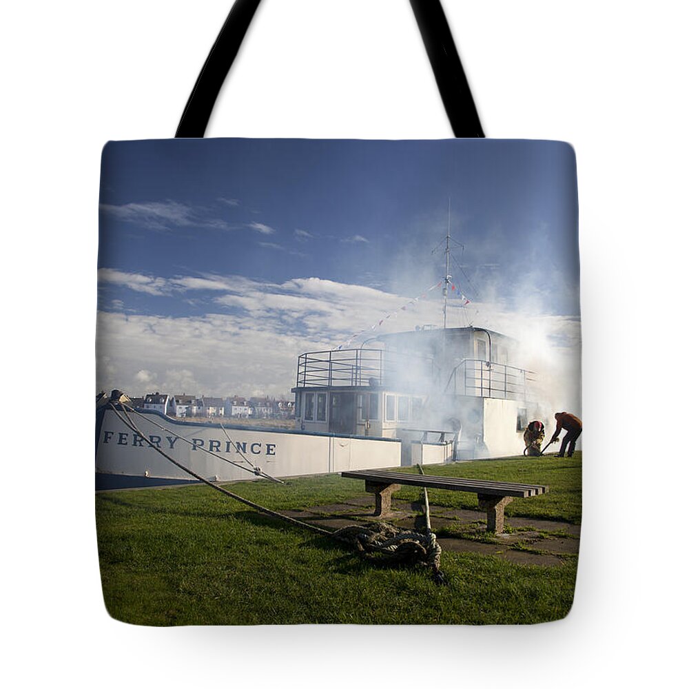 Houseboat Imagery Tote Bag featuring the photograph Firing Up The Old Ferry Prince by David Davies