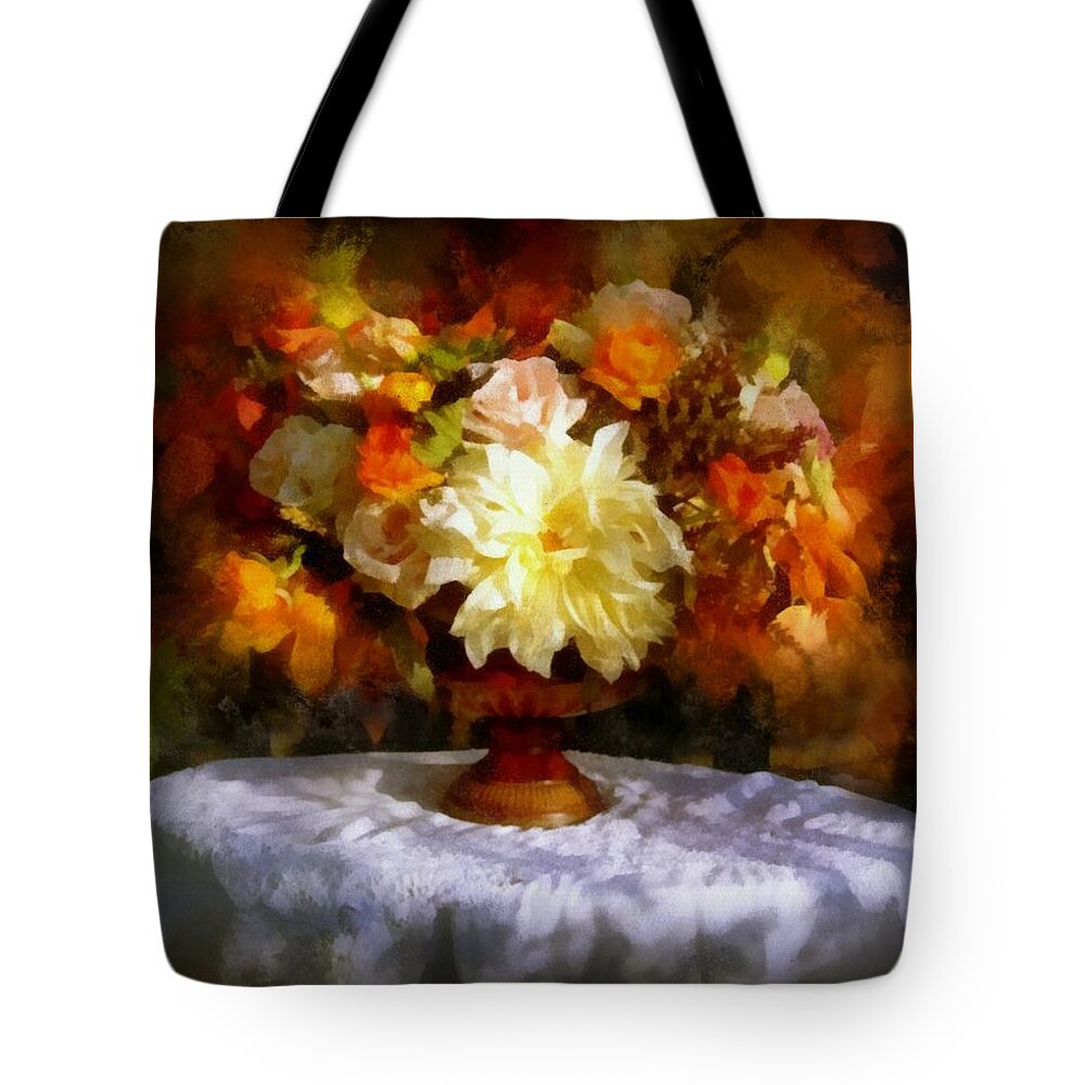 Flowers Tote Bag featuring the painting First Day of Autumn - Still life by Lilia D