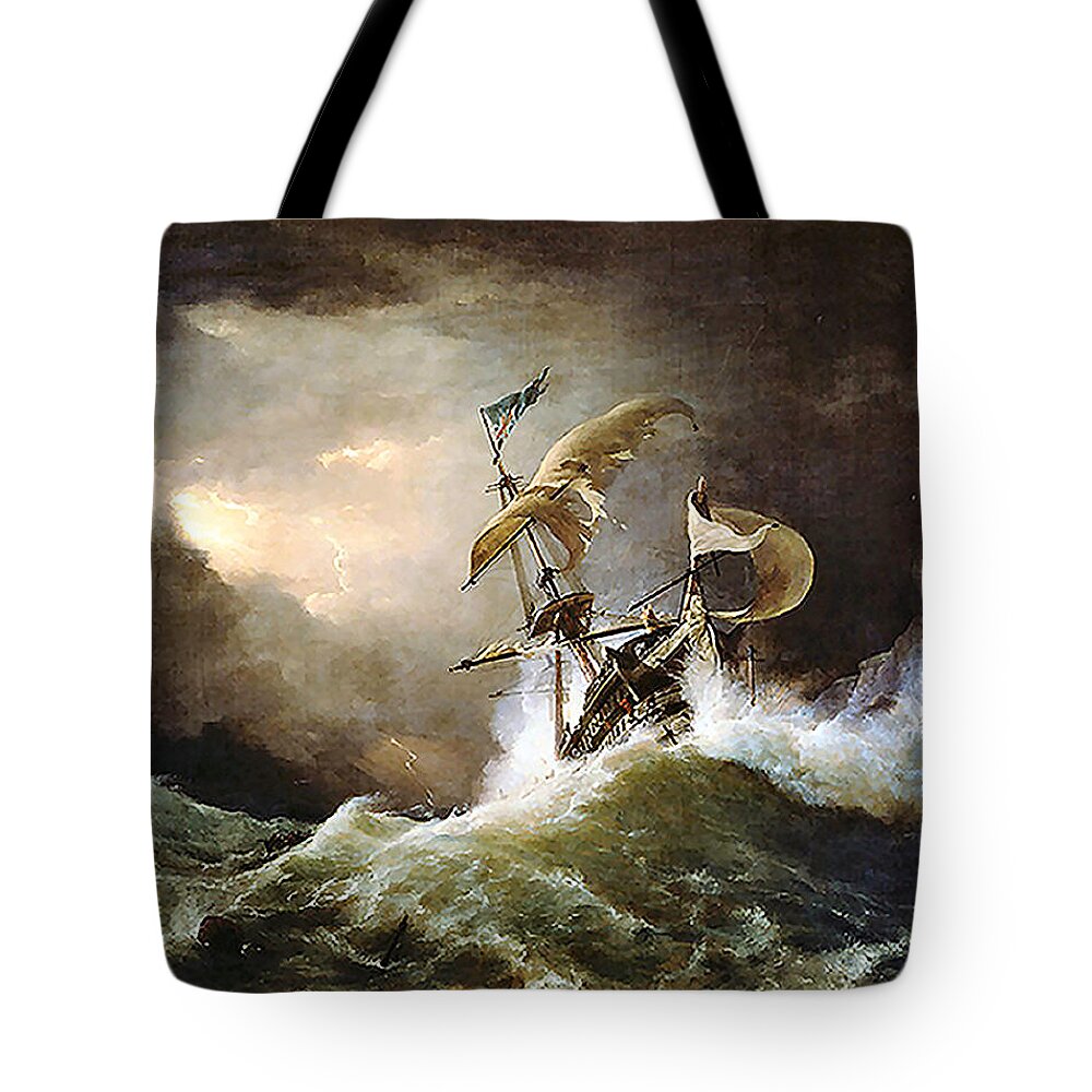 Seascape Tote Bag featuring the painting First rate Man-of-War by George Philip Reinagle