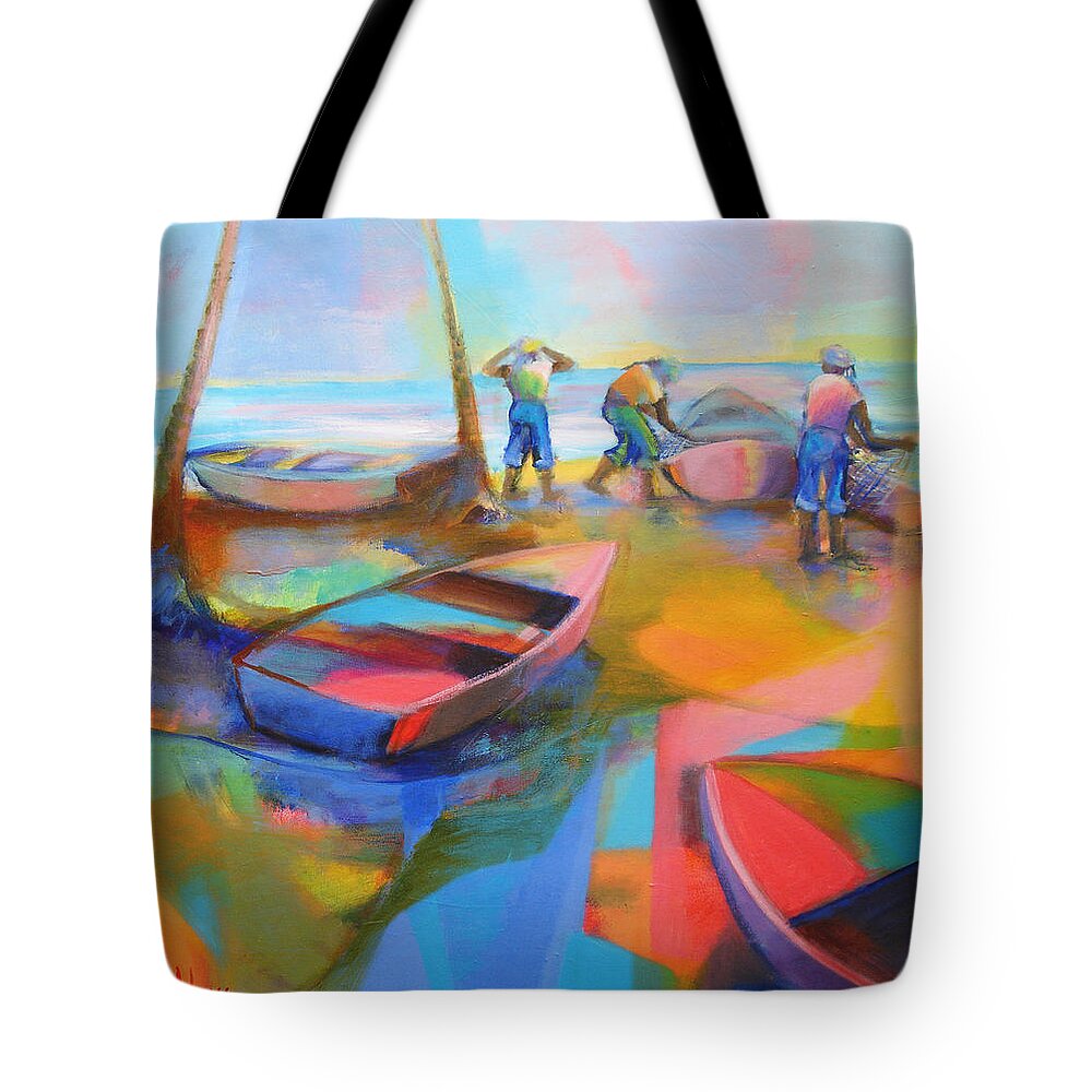 Abstract Tote Bag featuring the painting Fishermen by Cynthia McLean