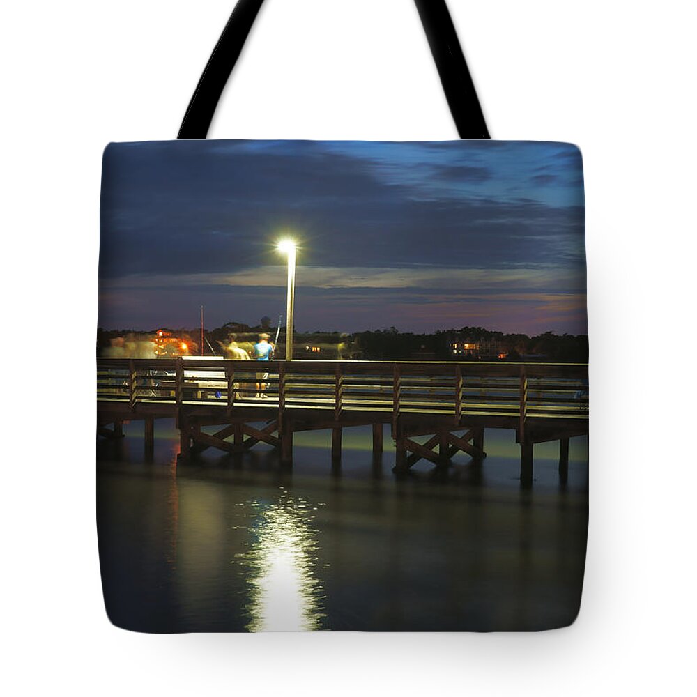 Fishing Pier Tote Bag featuring the photograph Fishing at Soundside Park in Surf City by Mike McGlothlen