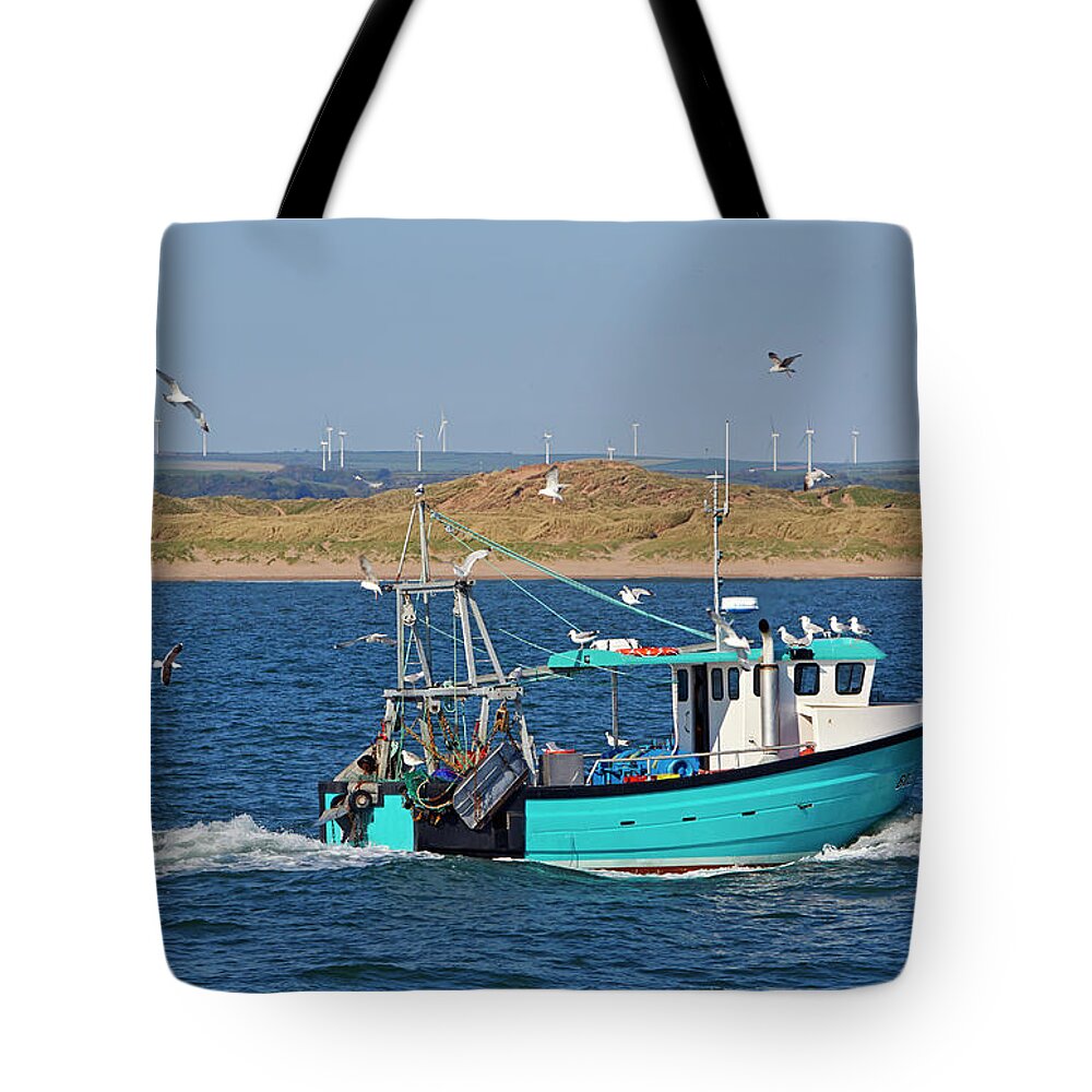 Wake Tote Bag featuring the photograph Fishing Boat Being Follwed By Gulls by Allan Baxter