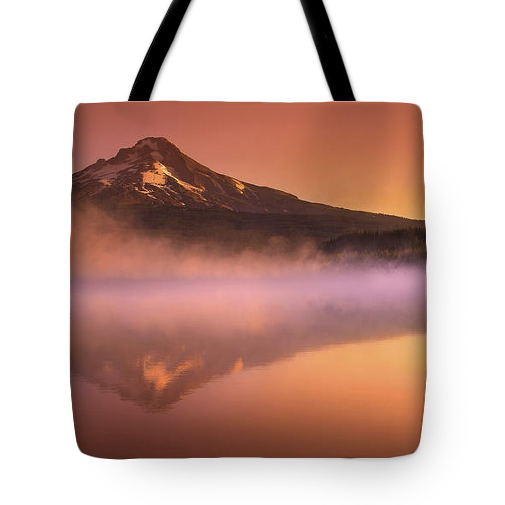 Trillium Lake Tote Bag featuring the photograph Fishing in the Fog by Lori Grimmett