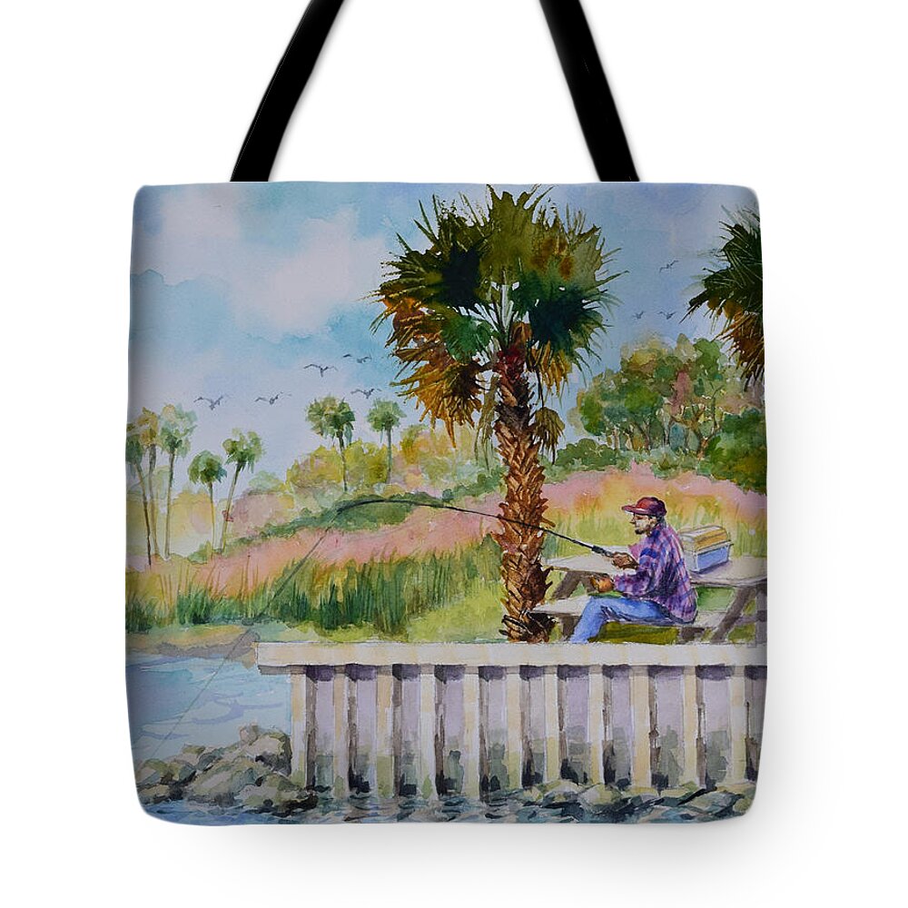 River Tote Bag featuring the painting Fishing on the Peir by Jyotika Shroff