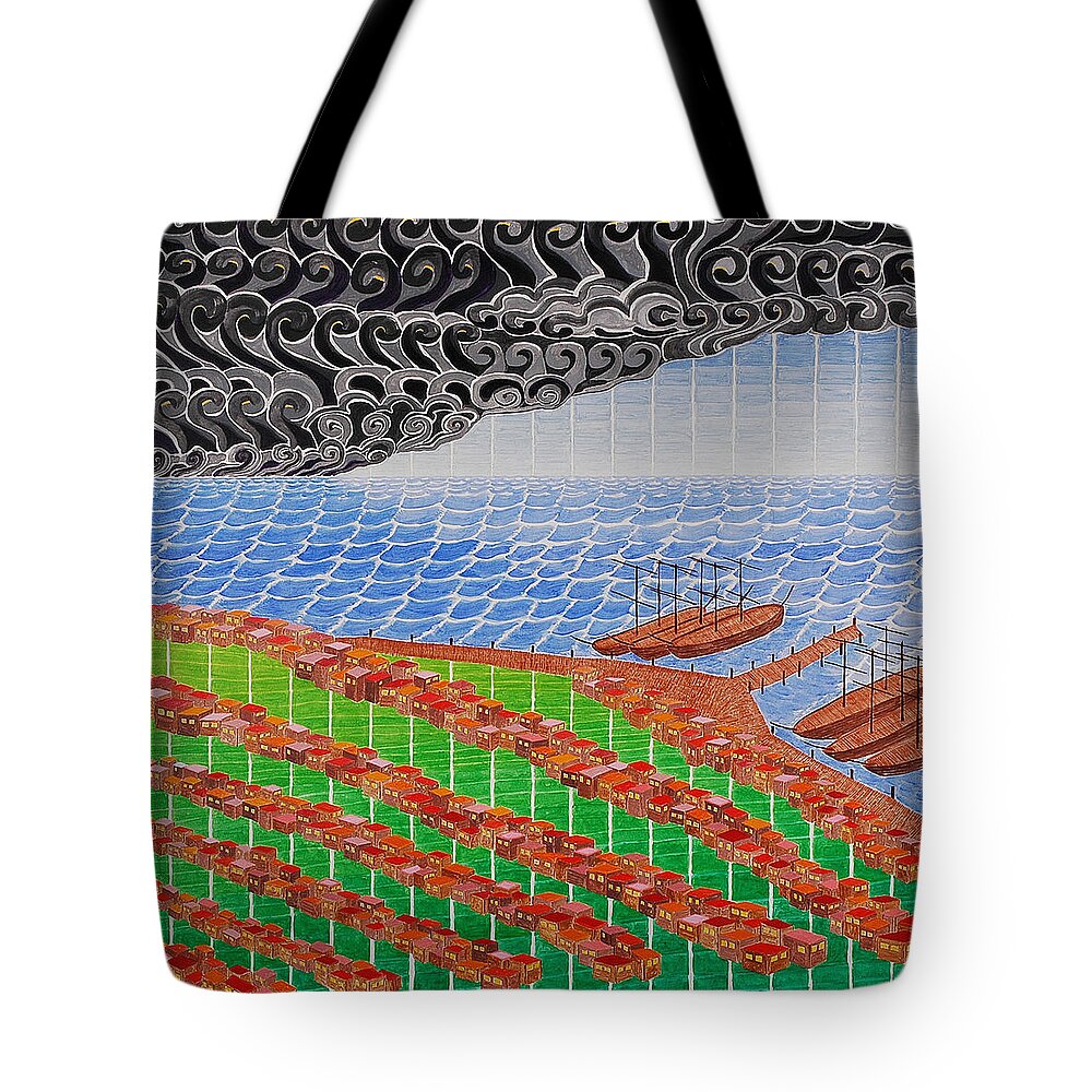 3d Tote Bag featuring the painting Fishing Shack Town by Jesse Jackson Brown