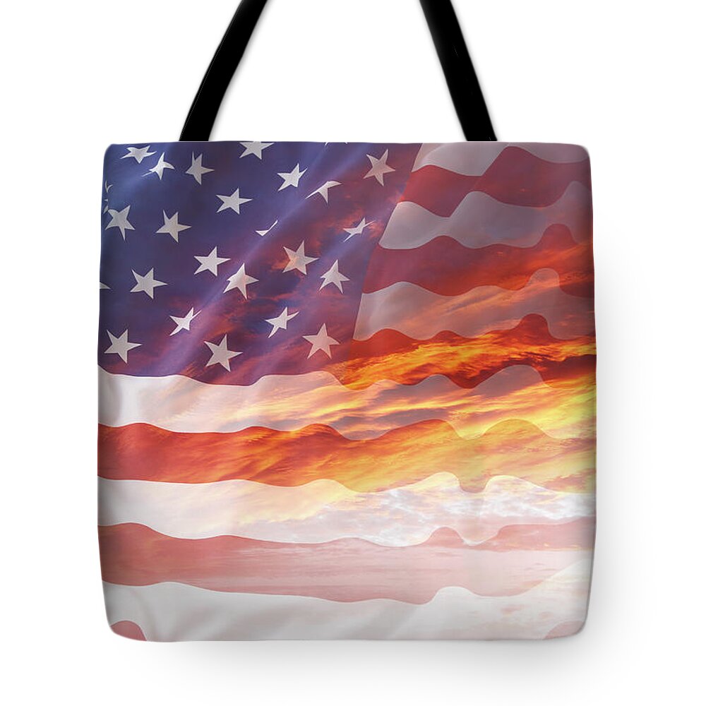 Dawn Tote Bag featuring the photograph Flag and sky by Les Cunliffe
