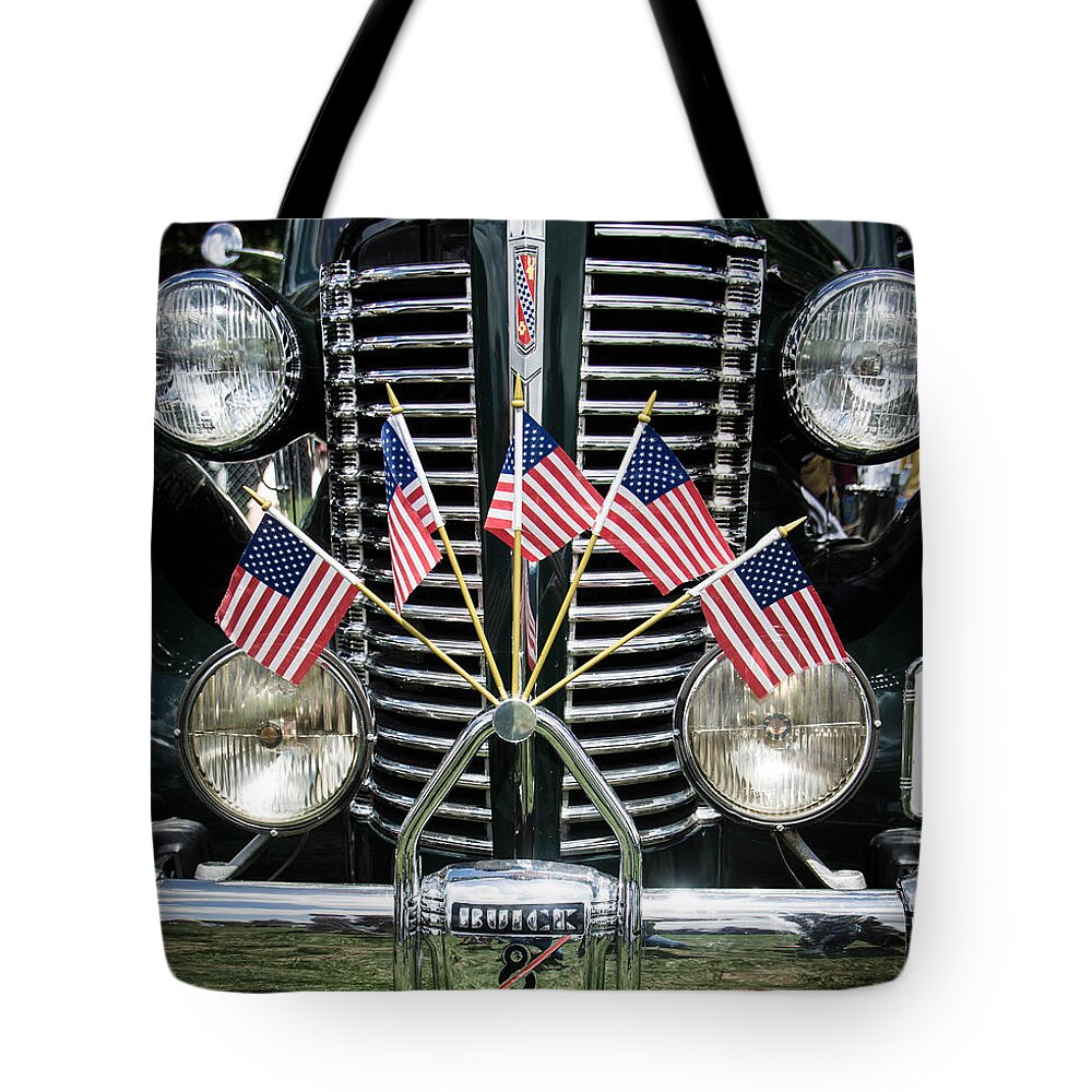 Hot Rod Tote Bag featuring the photograph Flagged Buick straight 8 by Ron Roberts