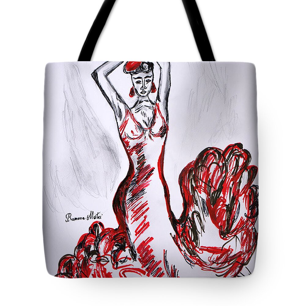Flamenco Tote Bag featuring the drawing Red Flamenco by Ramona Matei