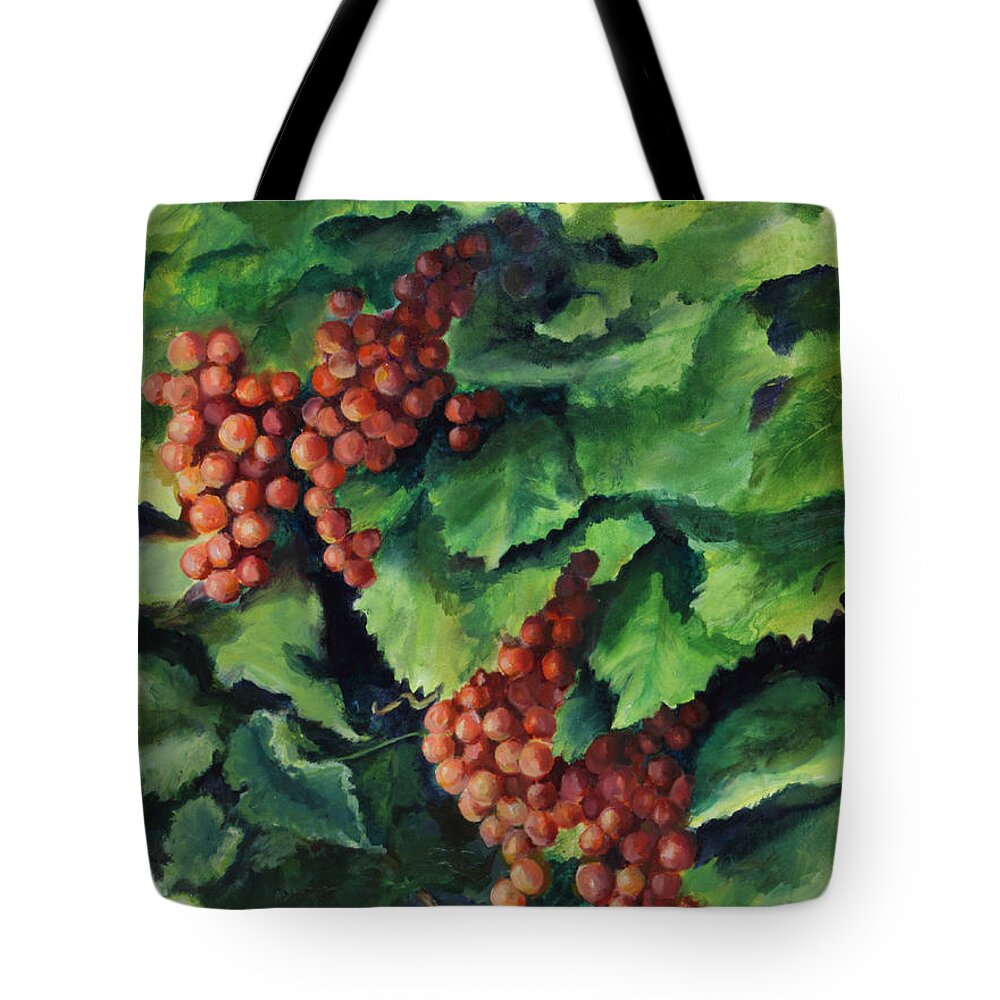 Table Grapes Tote Bag featuring the painting Flames in the Vineyard by Maria Hunt