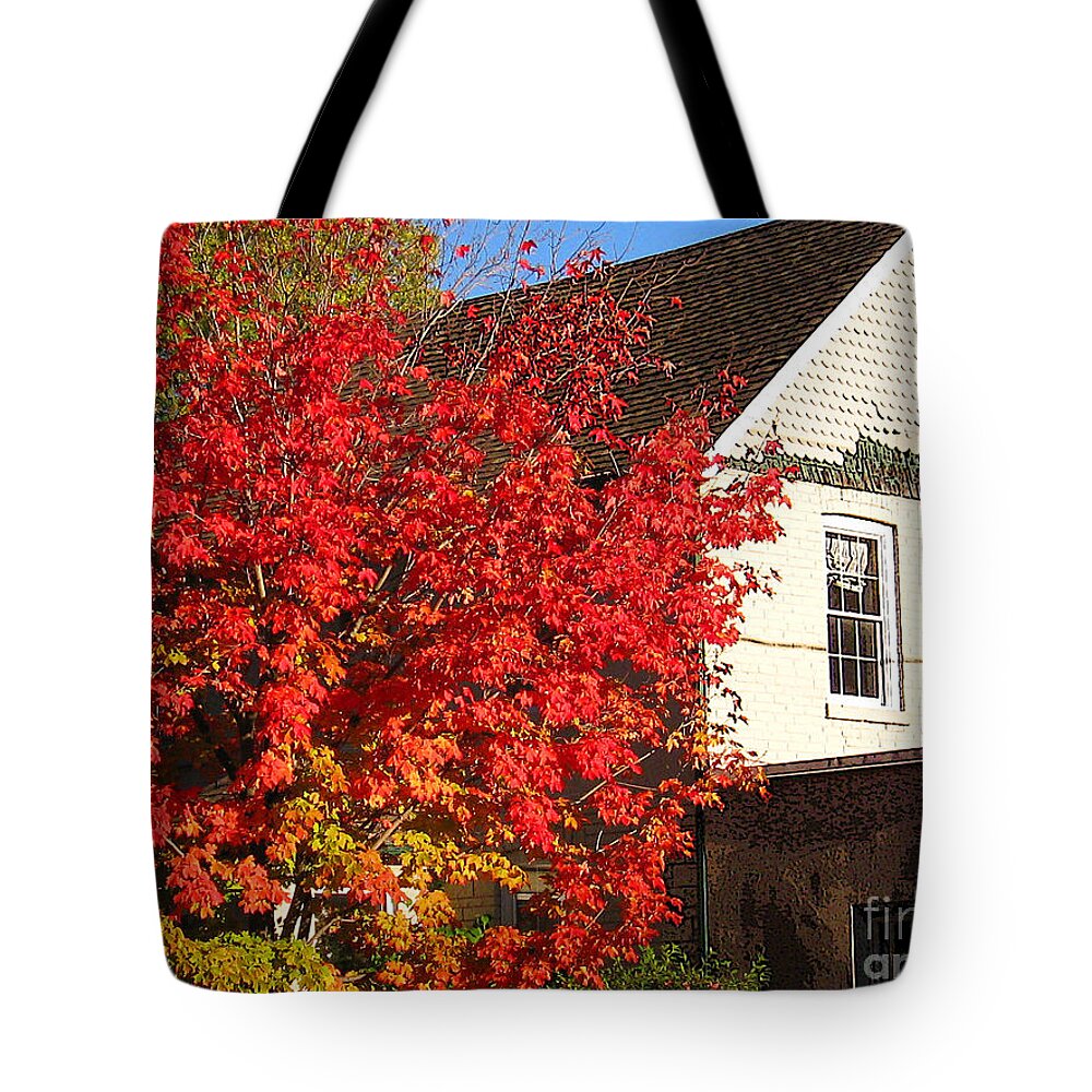 Fall Tote Bag featuring the photograph Flaming fall colours on farm house by Nina Silver