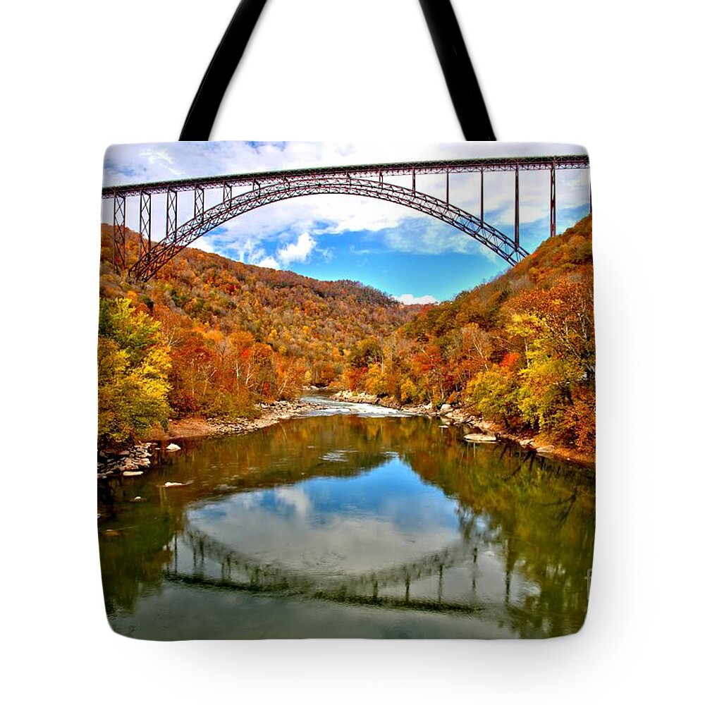 New River Gorge Tote Bag featuring the photograph Flaming Fall Foliage At New River Gorge by Adam Jewell