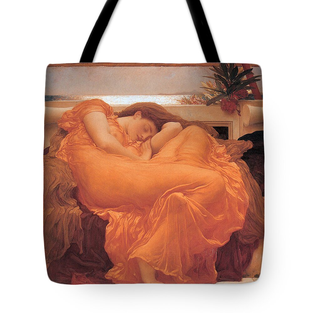 Flaming June Tote Bag featuring the painting Flaming June by Frederick Leighton