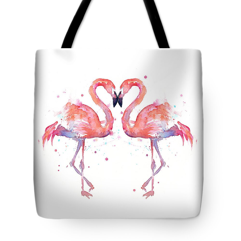Watercolor Tote Bag featuring the painting Flamingo Love Watercolor by Olga Shvartsur