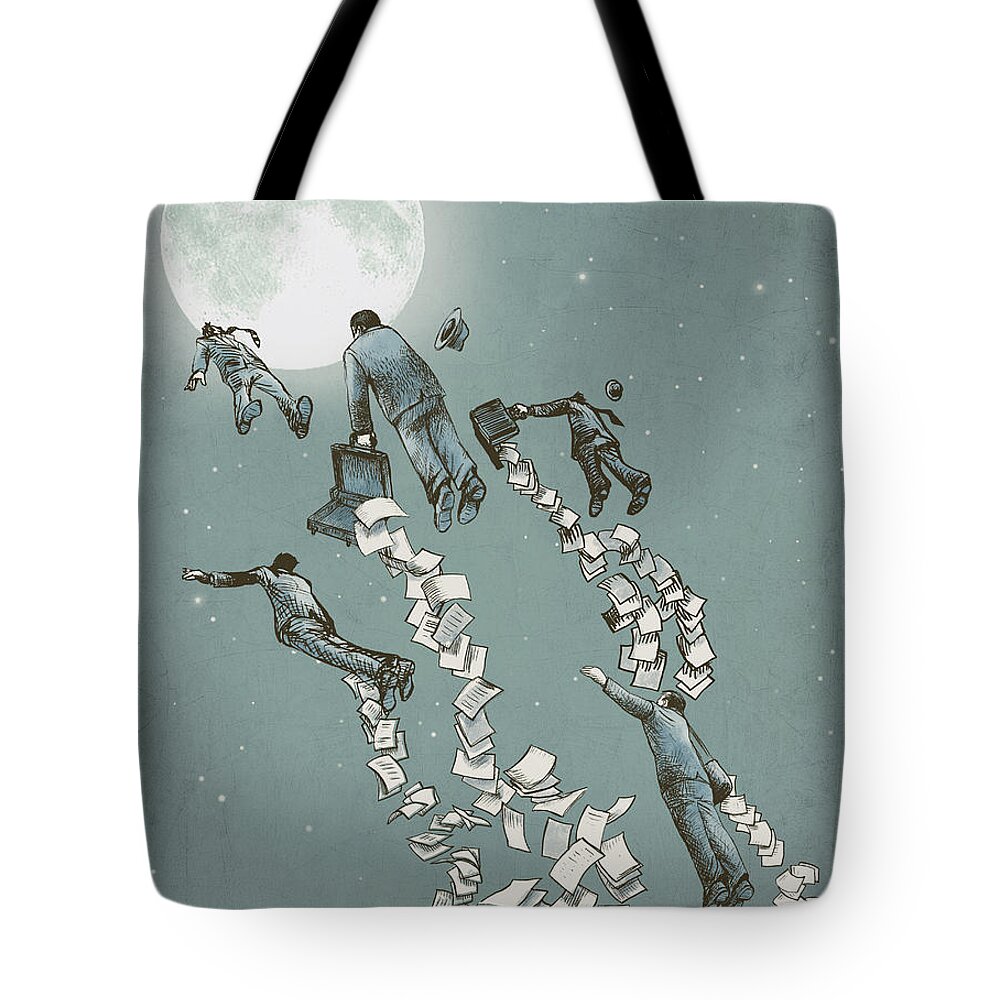 Moon Tote Bag featuring the drawing Flight of the Salary Men by Eric Fan