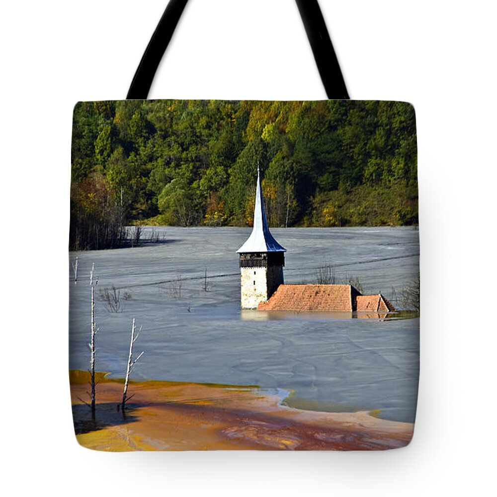 Church Tote Bag featuring the photograph Flooded church by Daliana Pacuraru