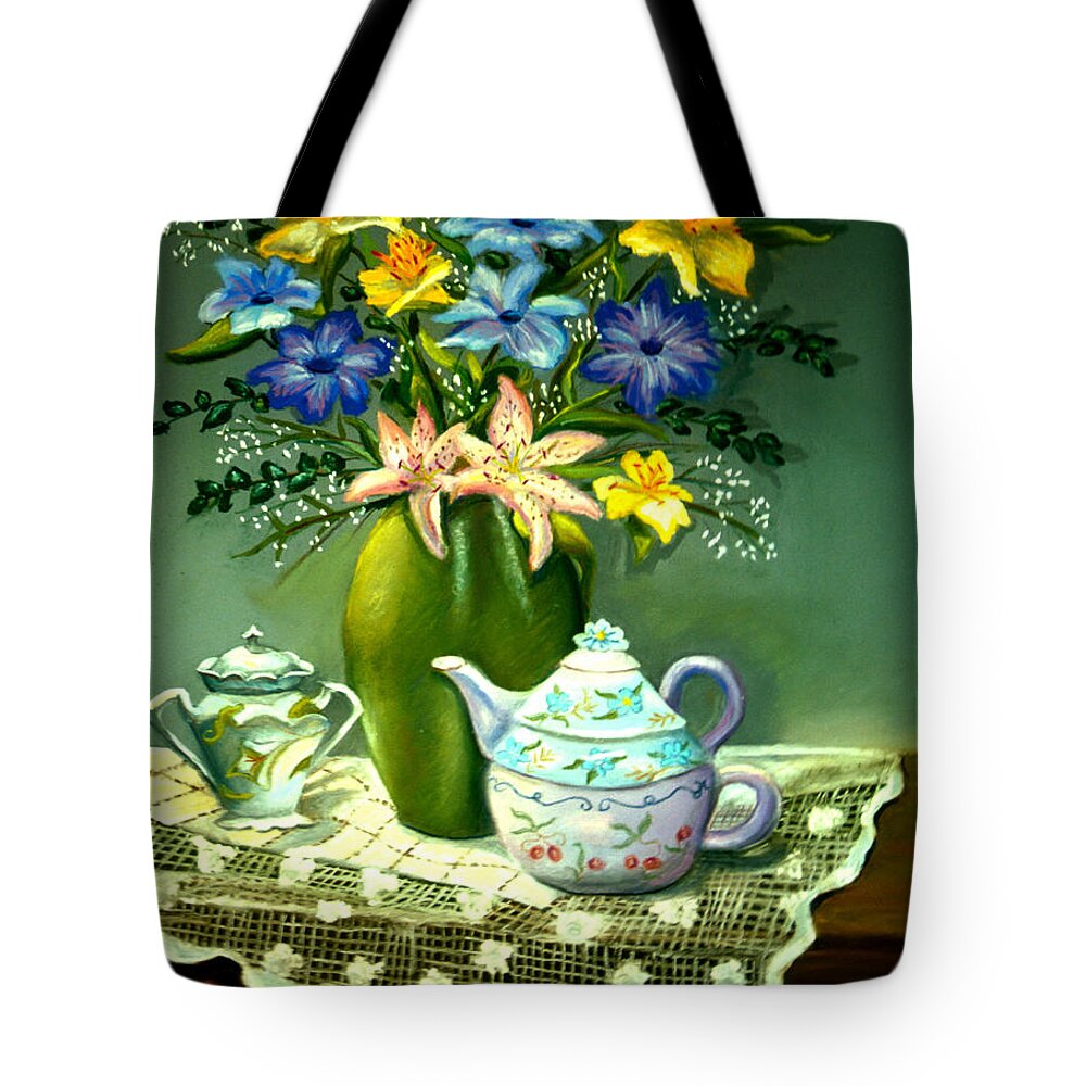 Floral Tote Bag featuring the painting Floral with Lace Tablecloth by Madeline Lovallo