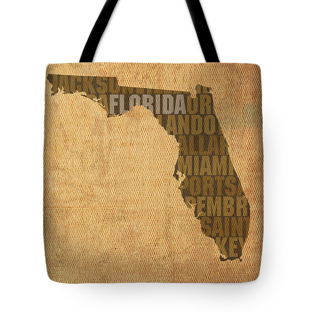 Florida Word Art State Map On Canvas Tote Bag featuring the mixed media Florida Word Art State Map on Canvas by Design Turnpike