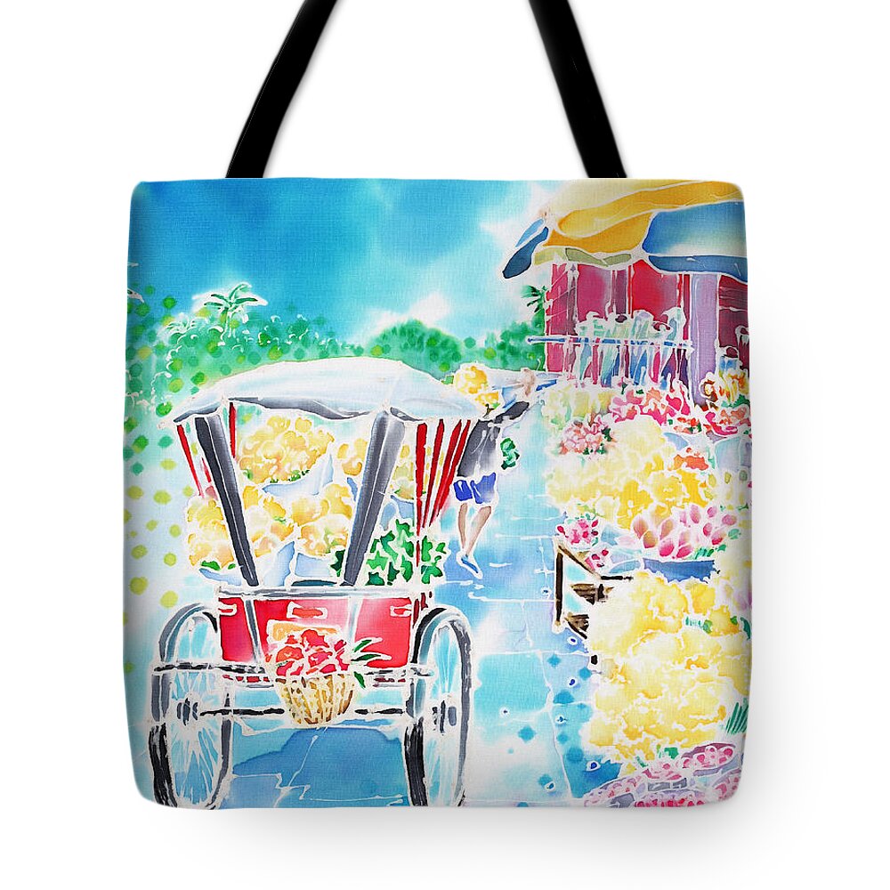 Thailand Tote Bag featuring the painting Flower market in Chiang Mai by Hisayo OHTA