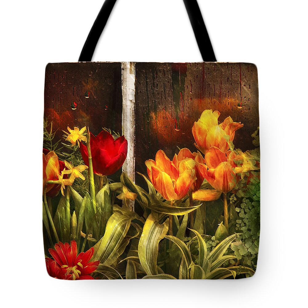 Savad Tote Bag featuring the photograph Flower - Tulip - Tulips in a window by Mike Savad