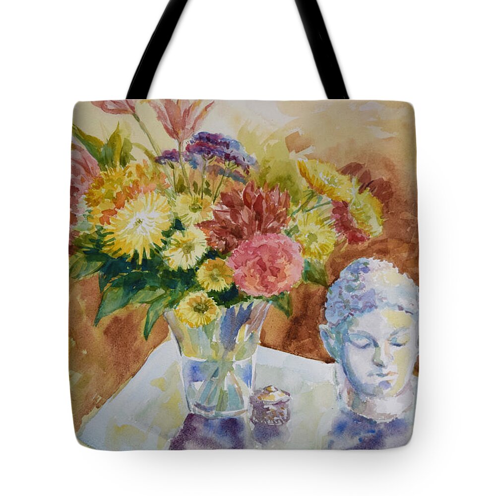 Still Life Tote Bag featuring the painting Flower Vase with Buddha by Jyotika Shroff