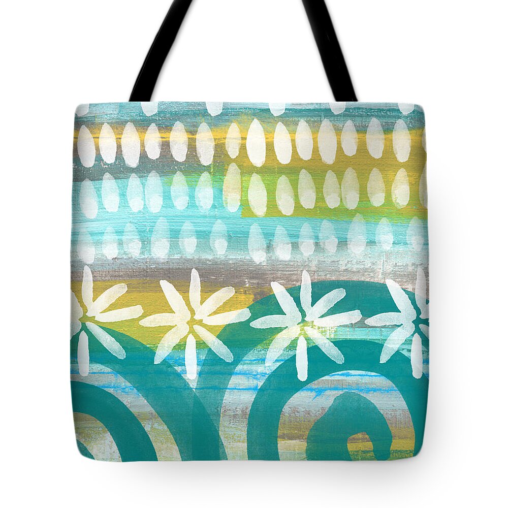 Blue And Yellow Tote Bag featuring the painting Flowers and Waves- abstract pattern painting by Linda Woods