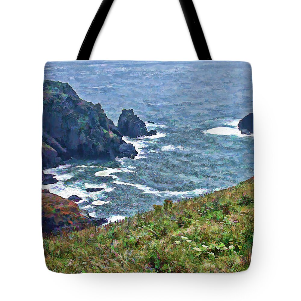 Guernsey Tote Bag featuring the painting Flowers on Isle of Guernsey Cliffs by Bellesouth Studio