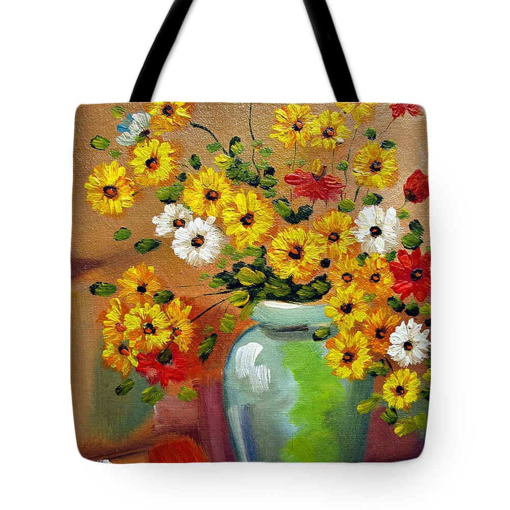 Flowers Art Still Life Oil Painting Print Canvas Tote Bag featuring the painting Flowers - Still life by Daliana Pacuraru