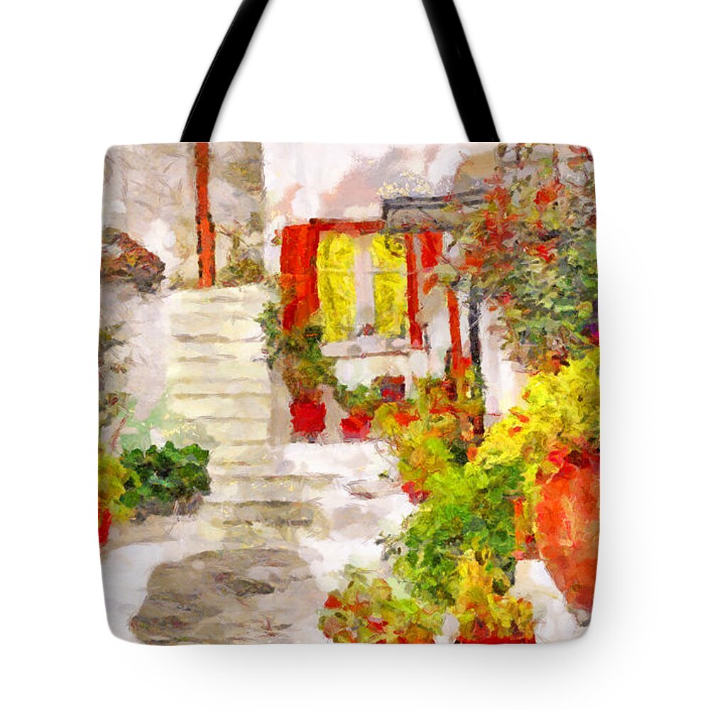 Rossidis Tote Bag featuring the painting Flowery yard by George Rossidis