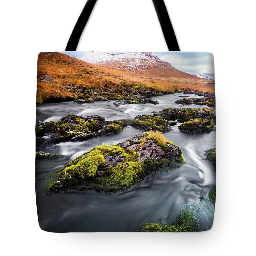 Scenics Tote Bag featuring the photograph Flowing To Kirkjufell by Naphakm