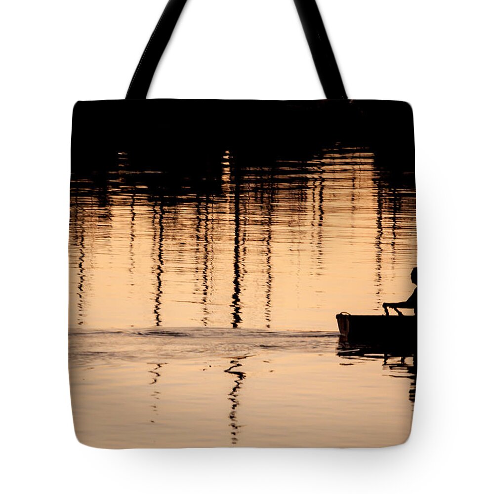 Rowboat At Sunset Tote Bag featuring the photograph Fluid thoughts by Denise Dube
